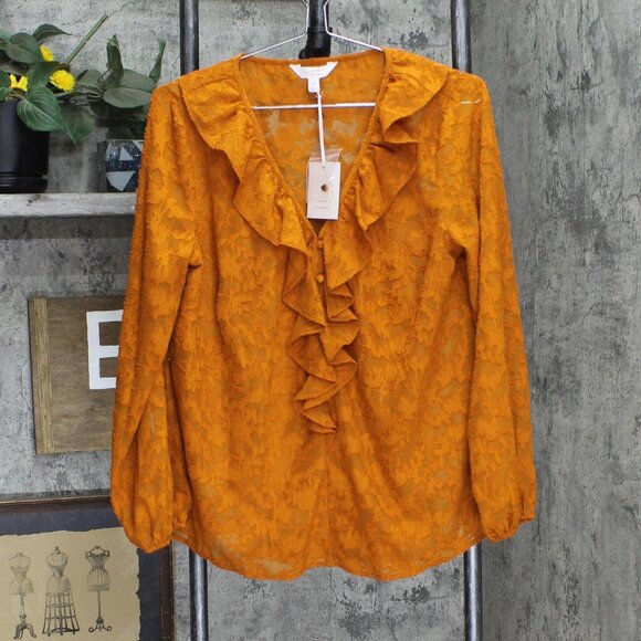 NWT Lc Lauren Conrad Ruffled Peasant Blouse WL23W019RS1 M Copper Falls Orange - Picture 2 of 5